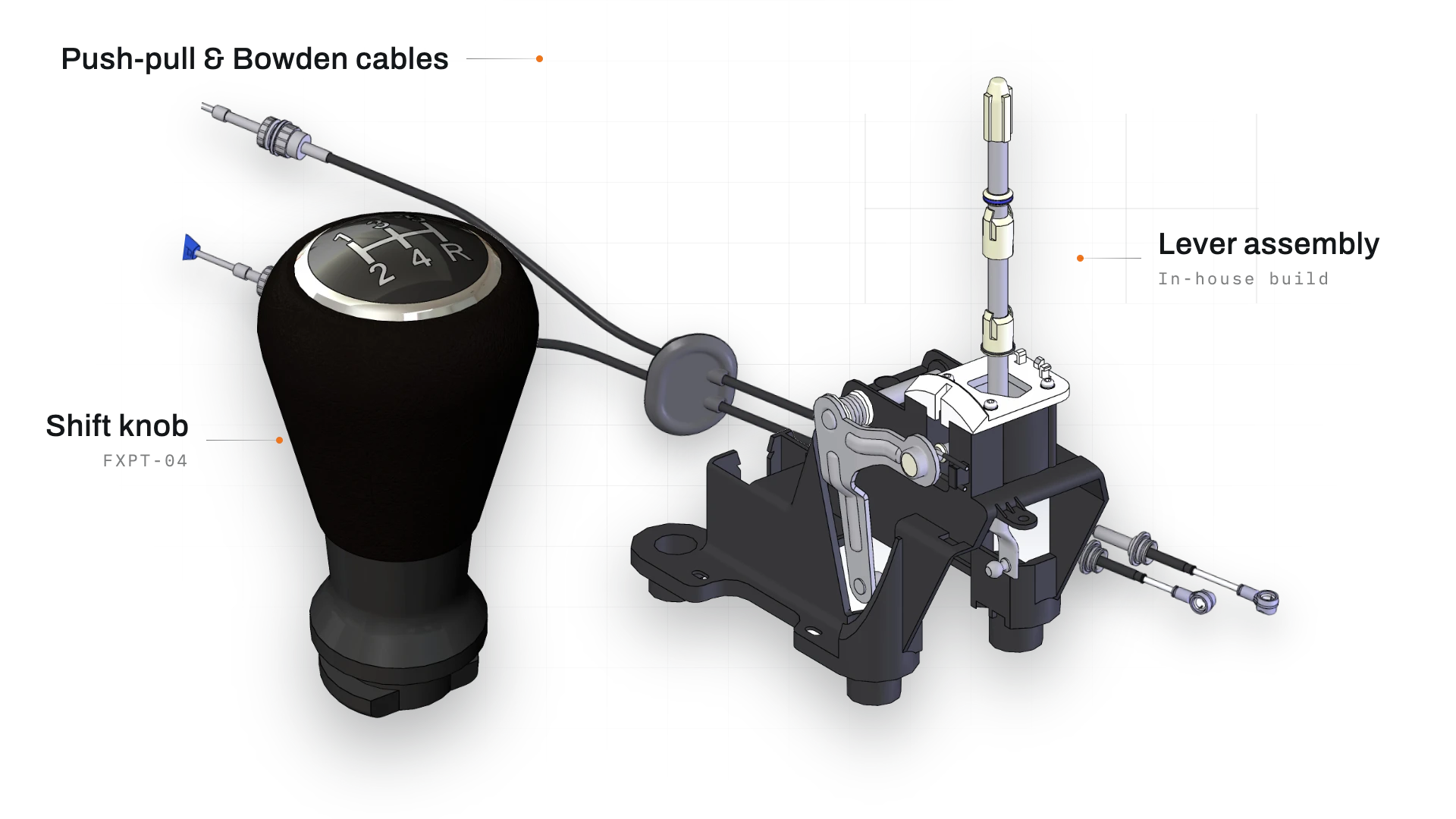 Exploded view of a Cofle gearshift system: shift knobs, lever assembly and push-pull Bowden cables